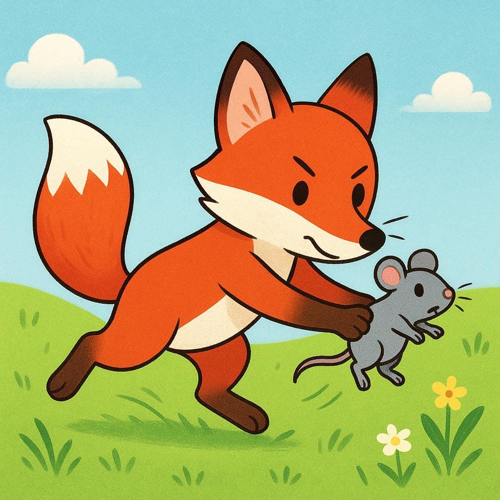 A simple red fox character decisively catching a small gray mouse character in a bright green field, symbolizing the action of taking life.