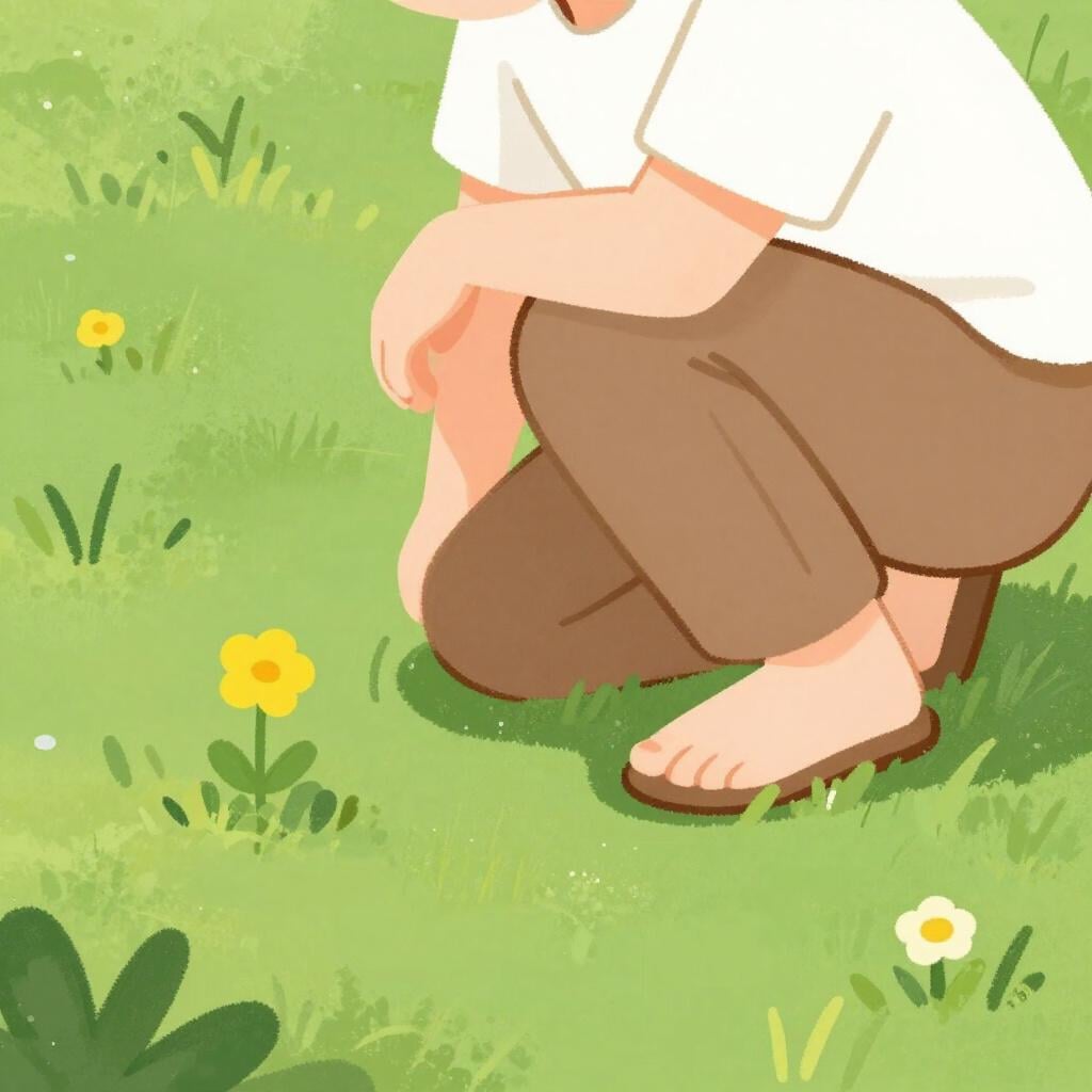 A person crouching down low to the ground near a small flower.