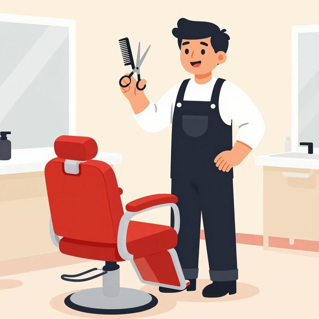 A friendly person holding professional styling scissors and a comb, standing next to a salon chair.