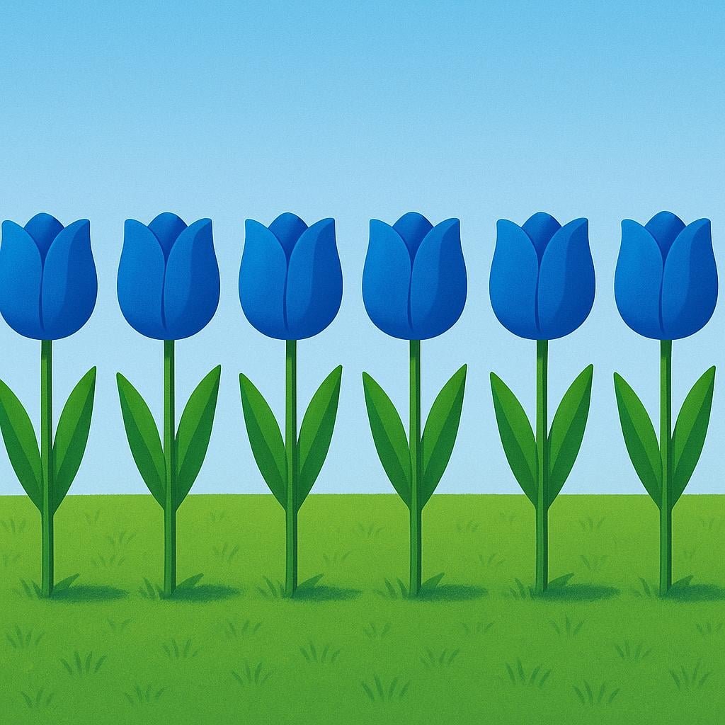Seven identical, vibrant blue tulips standing upright in a row in a sunny green grassy field.