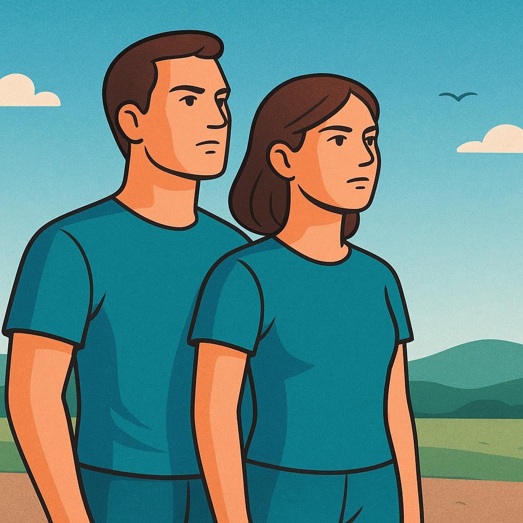 Two adults standing shoulder-to-shoulder, looking determinedly toward the horizon, symbolizing unity and shared ideological membership.