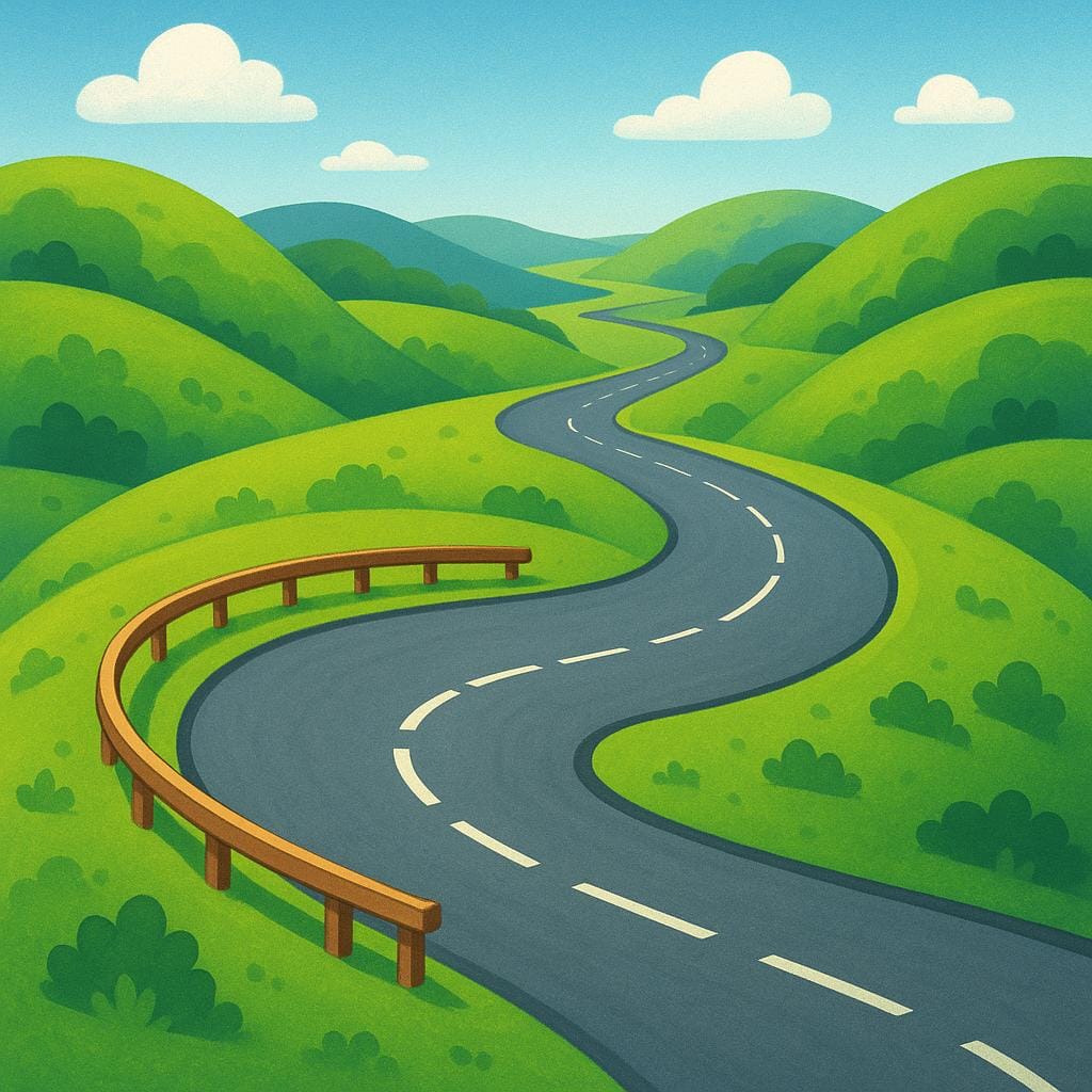 An aerial view of a winding paved road making a very sharp, tight hairpin curve through green landscape.