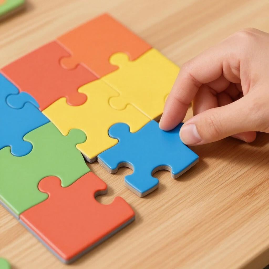 Een houten legpuzzel met verschillende stukken die in elkaar passen en één stuk dat in een opening wordt geplaatst.