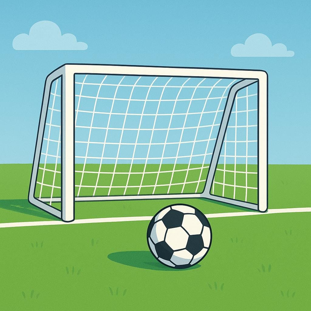 A standard white-framed soccer goal with a net, situated on a bright green soccer field.