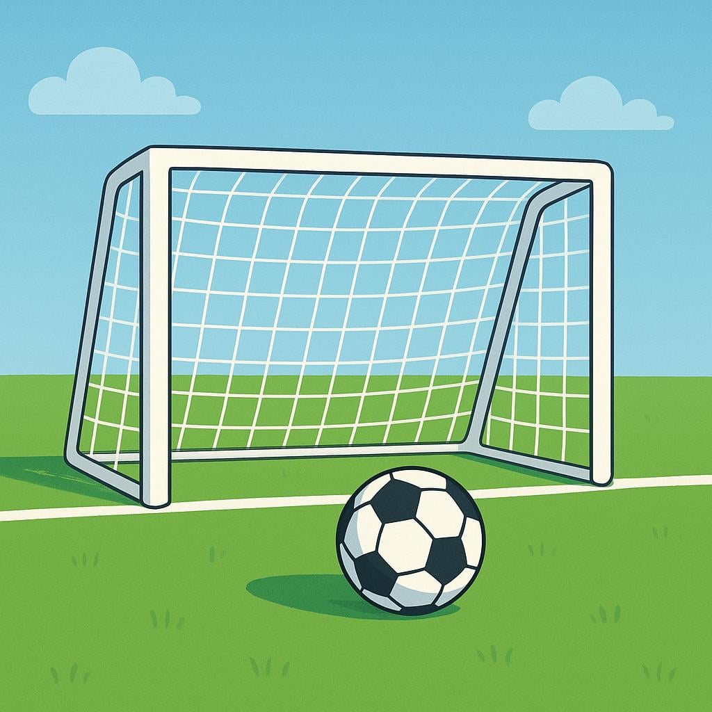 A standard white-framed soccer goal with a net, situated on a bright green soccer field.