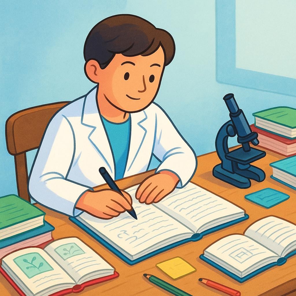 A focused scientist wearing a white lab coat, sitting at a wooden desk filled with stacks of open books and a notebook, engaged in academic study.