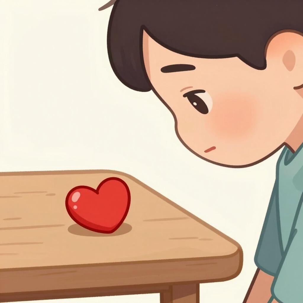 A person looking fondly at a small red heart-shaped stone resting on a wooden surface.