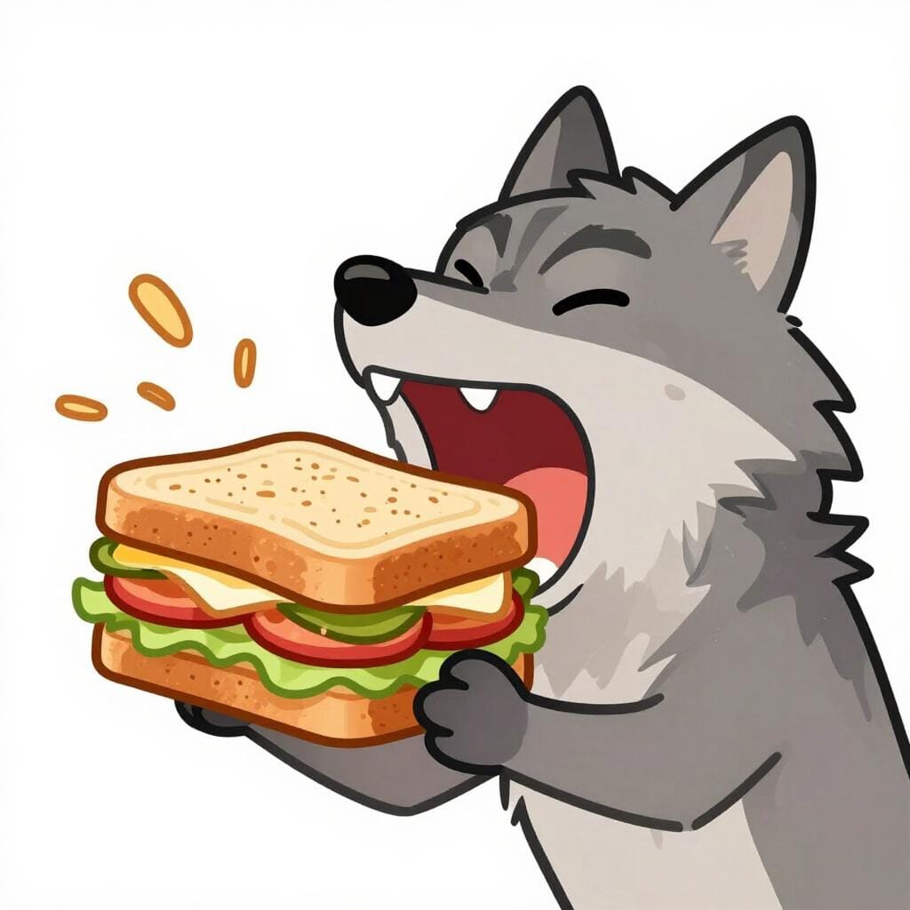 A large, friendly wolf sitting at a table eating a giant sandwich in one big bite.