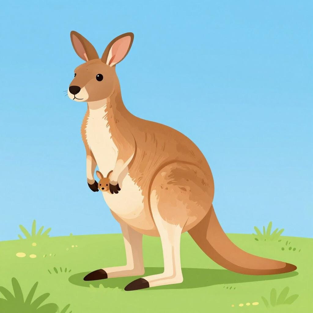 A friendly kangaroo standing in a grassy field with a baby kangaroo in its pouch.