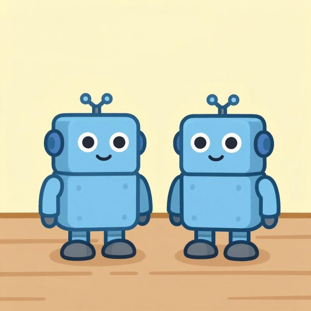 Two identical blue toy robots standing side-by-side on a wooden table.