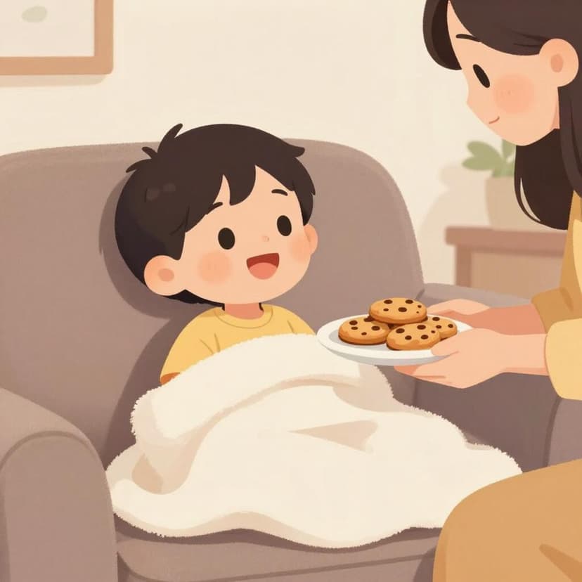 A child sitting on a sofa being wrapped in a soft blanket by a parent while holding a plate of cookies.
