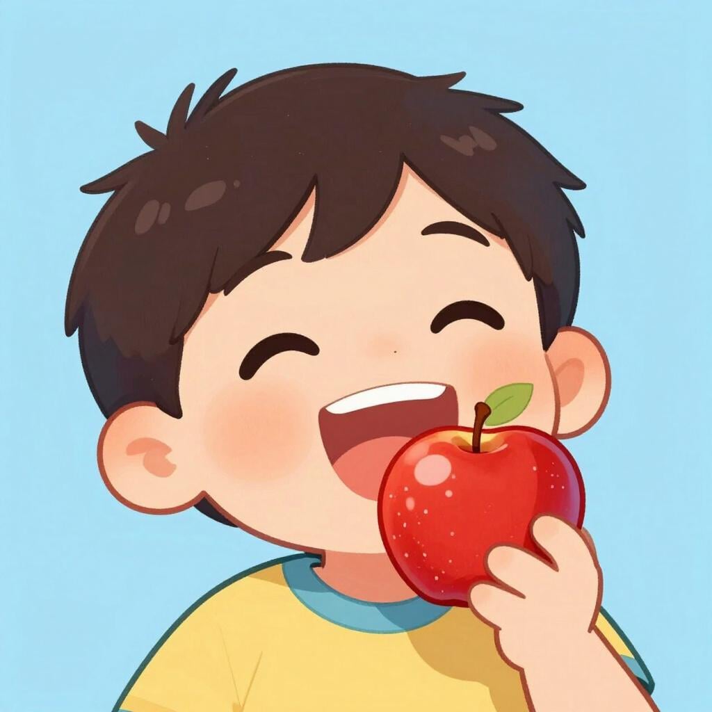 A child smiling widely while eating a bright red apple.