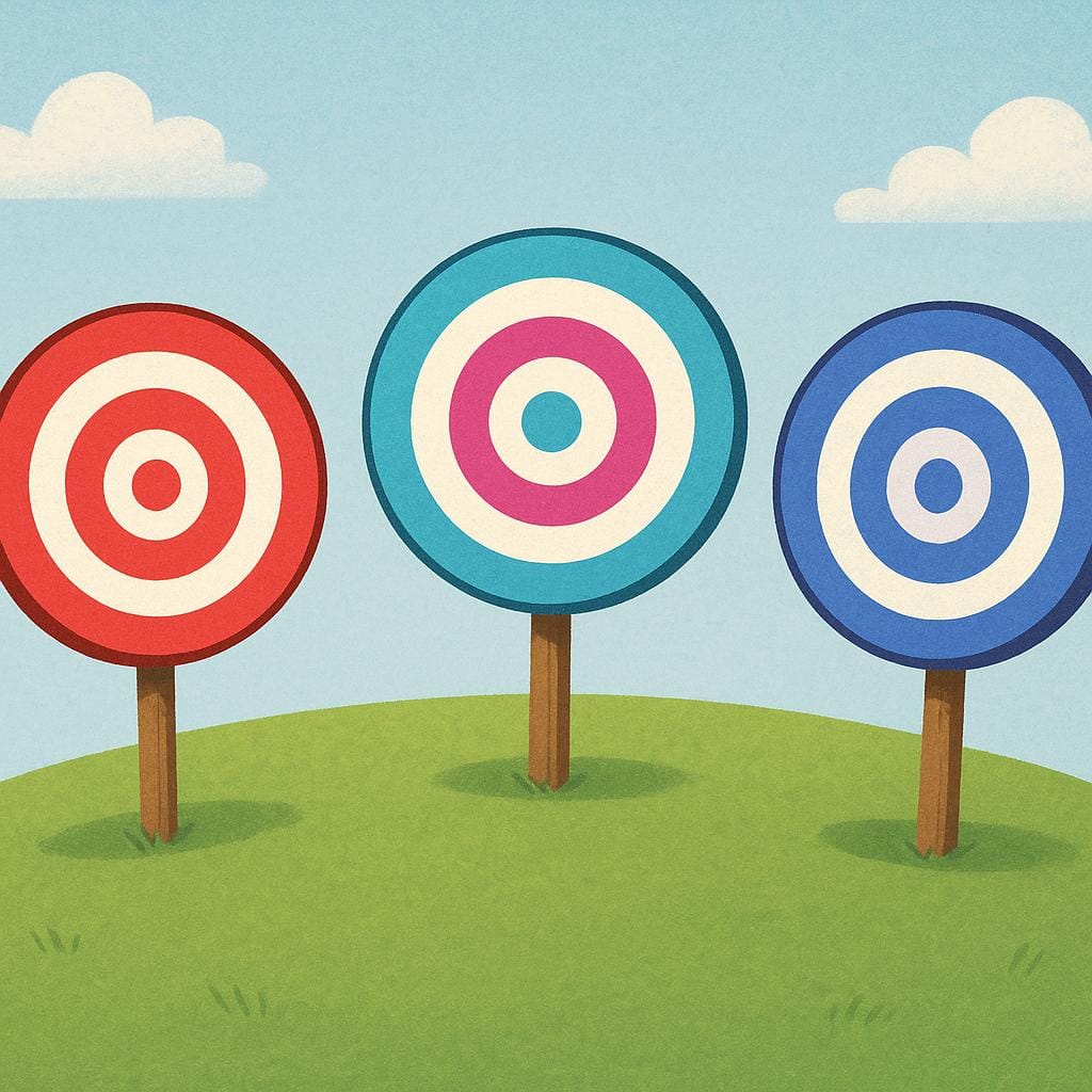 A colorful illustration showing three distinct, bright targets or bullseyes standing upright on a grassy hill, symbolizing objectives or aims.