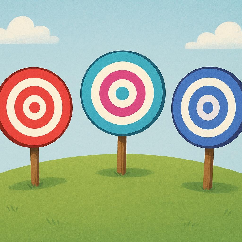 A colorful illustration showing three distinct, bright targets or bullseyes standing upright on a grassy hill, symbolizing objectives or aims.
