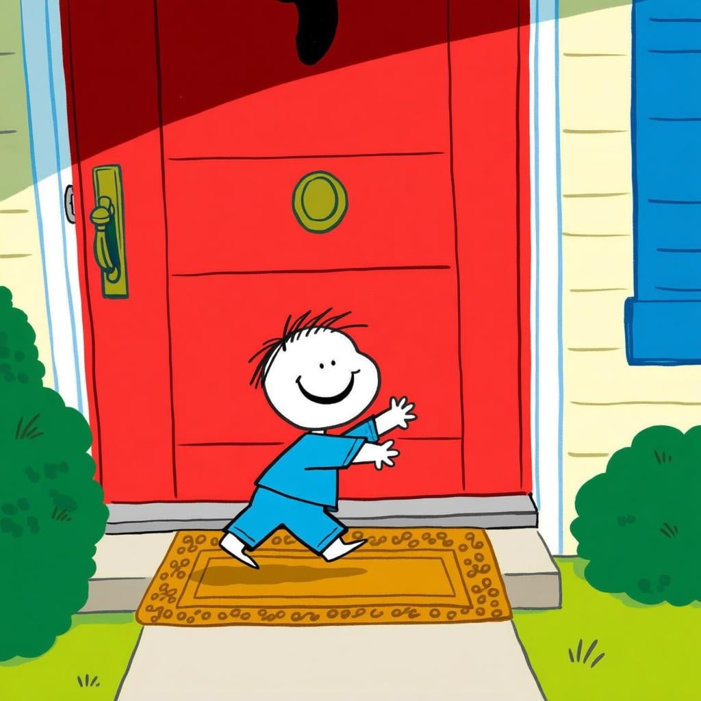 A small, cheerful person standing directly in front of a bright red house door, indicating their recent arrival after a journey.
