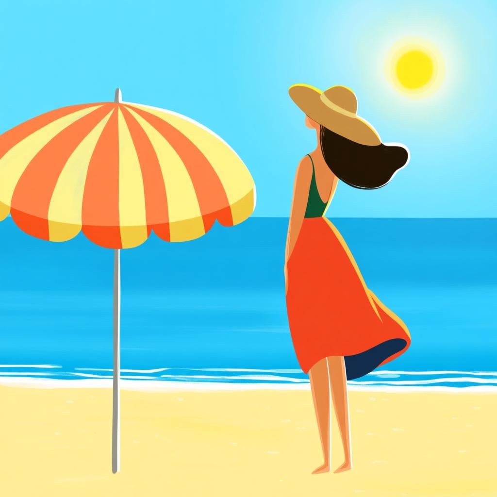 A woman standing on a sunny beach with a beach umbrella, indicating she was present at that location.