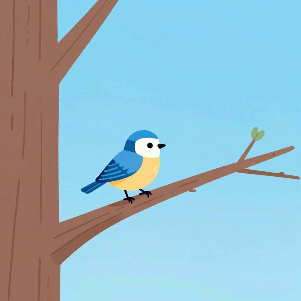 A small bird preparing to fly across a wide gap between two high tree branches.