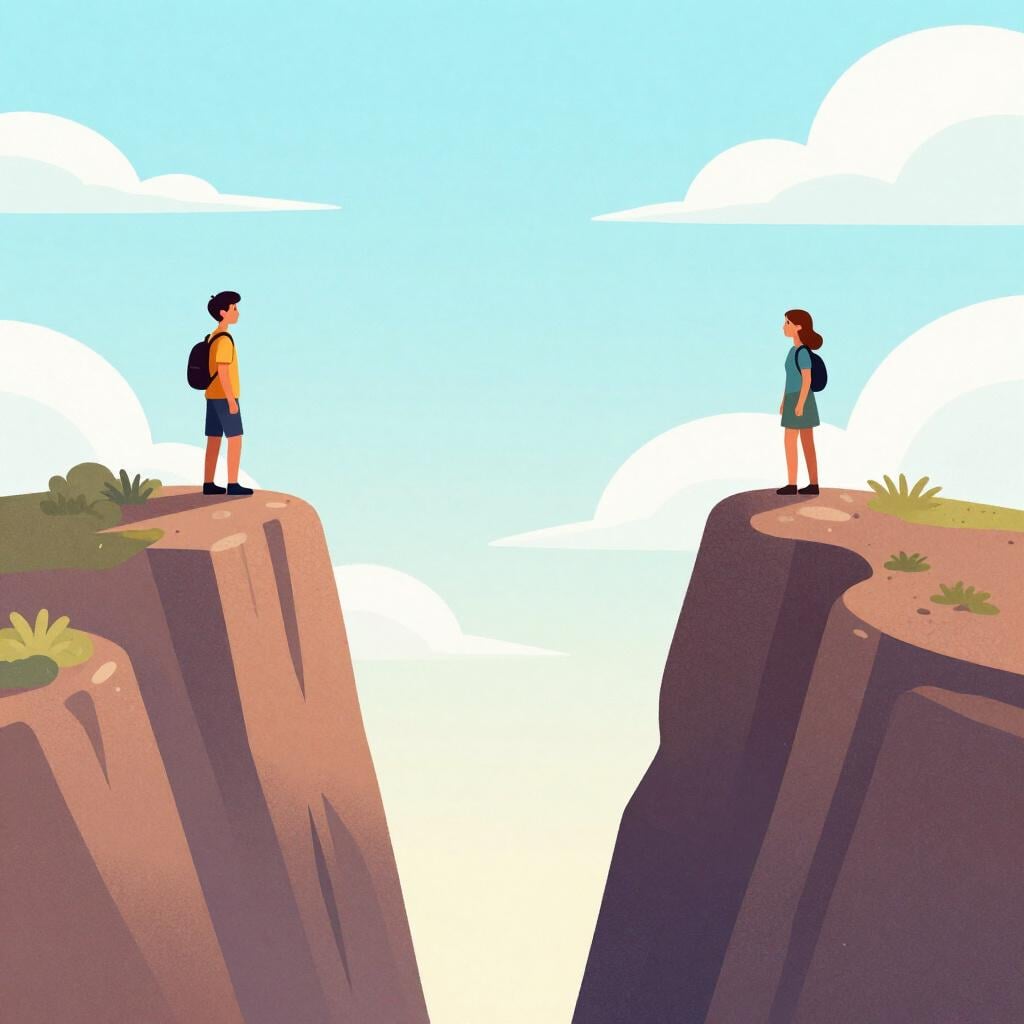 Two people standing on separate high cliffs with a wide, empty space between them.