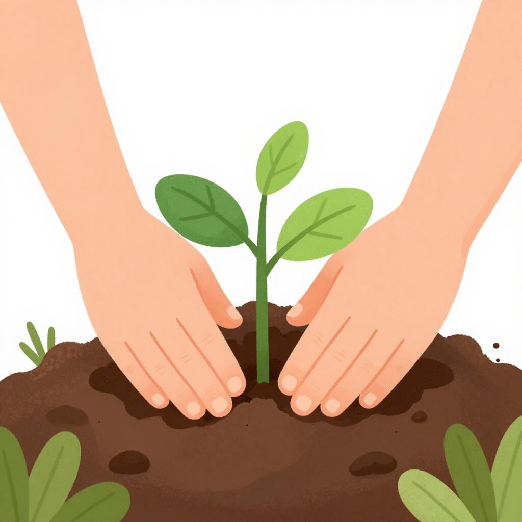 A person planting a small green sapling into the rich brown soil.