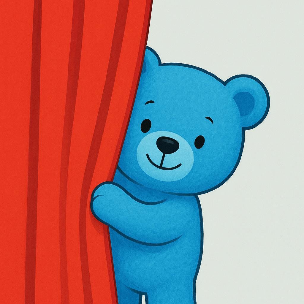 A small, smiling blue teddy bear is mostly concealed behind a large, bright red curtain, illustrating that it is hidden.