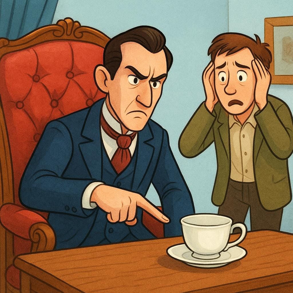 A stern, richly dressed storybook character sits in a large chair, aggressively pointing at a tiny, insignificant detail on a surface, indicating being demanding. Another character looks stressed.