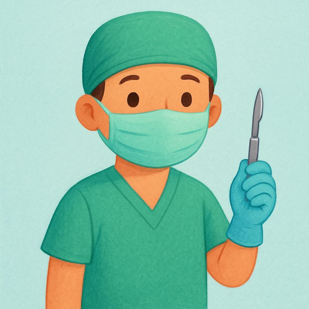 A person dressed in green surgical scrubs, a surgical cap, and a mask, holding a scalpel, depicted in a storybook style.