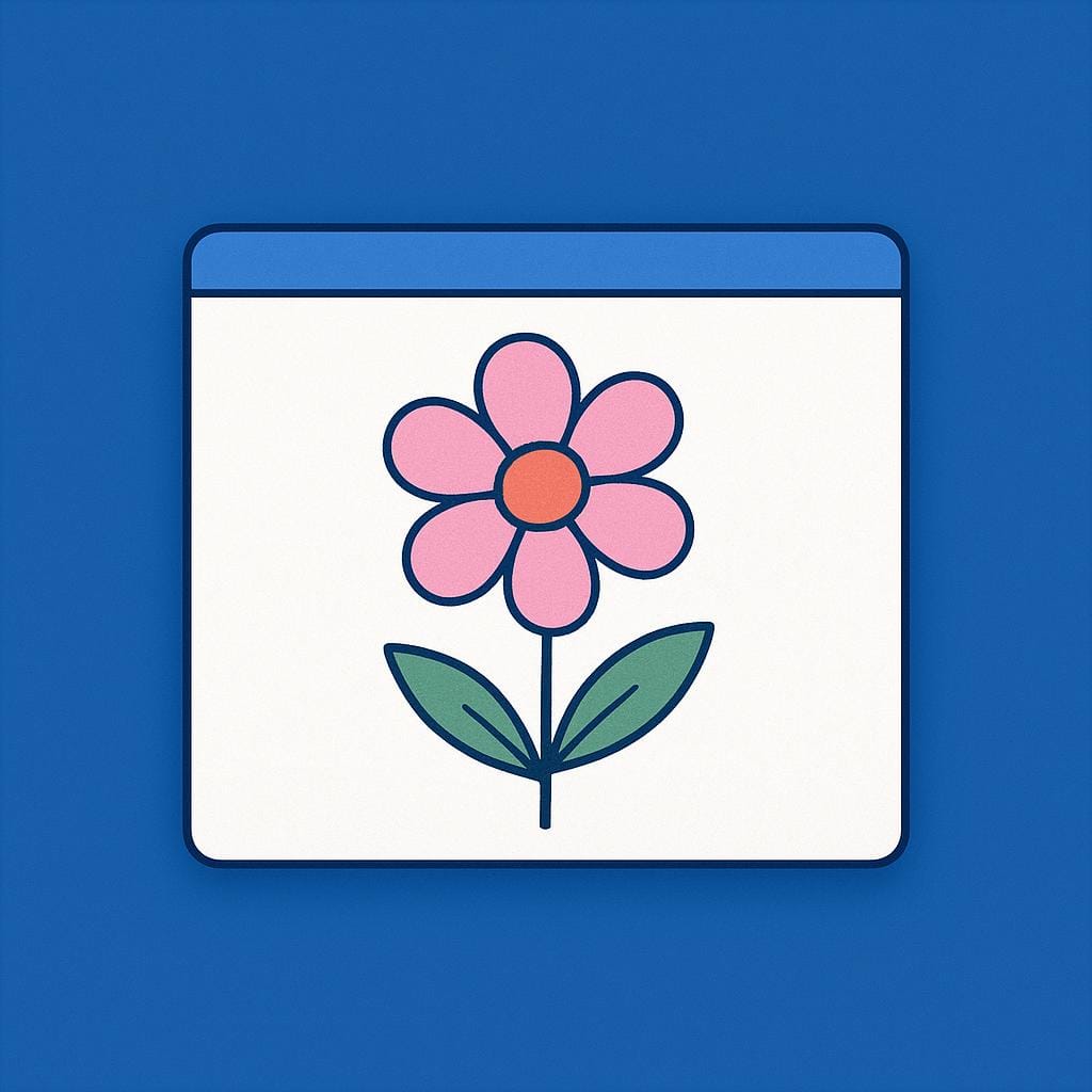 A stylized illustration of a digital interface showing a layered rectangular box (a window) containing a simple illustration of a flower, superimposed on a larger background.