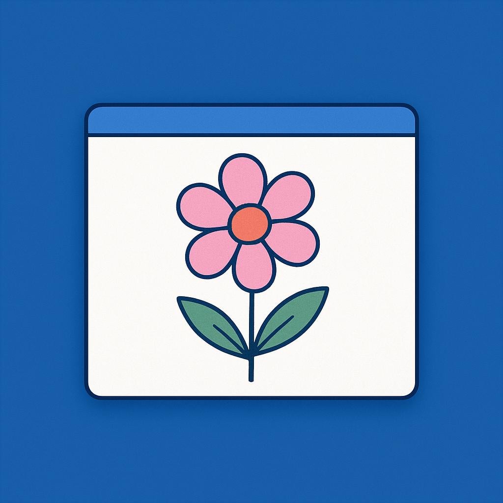 A stylized illustration of a digital interface showing a layered rectangular box (a window) containing a simple illustration of a flower, superimposed on a larger background.