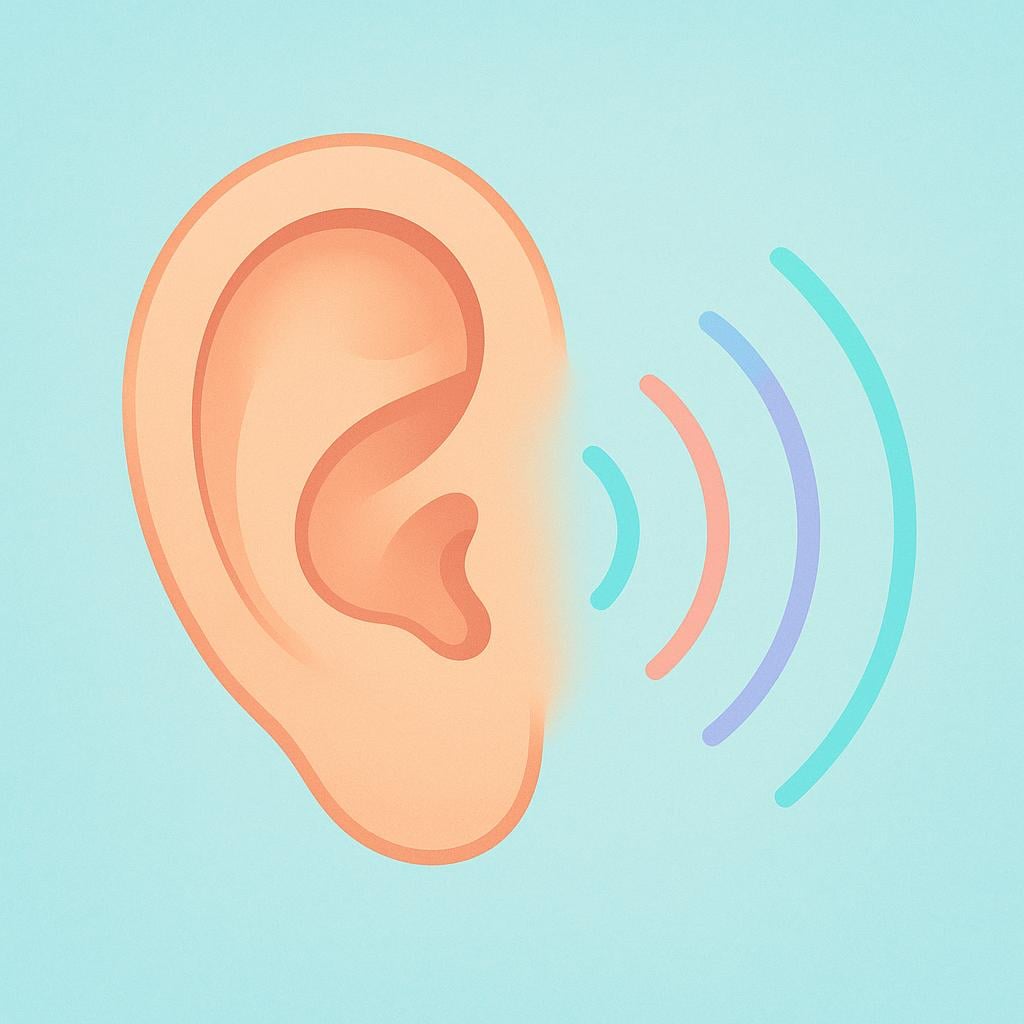 A close-up illustration of a human ear in profile with simple curved lines radiating inward, symbolizing the perception of sound.