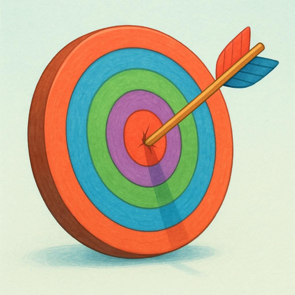 A simple illustration of an arrow hitting the center bullseye of a circular target attached to a hay bale.