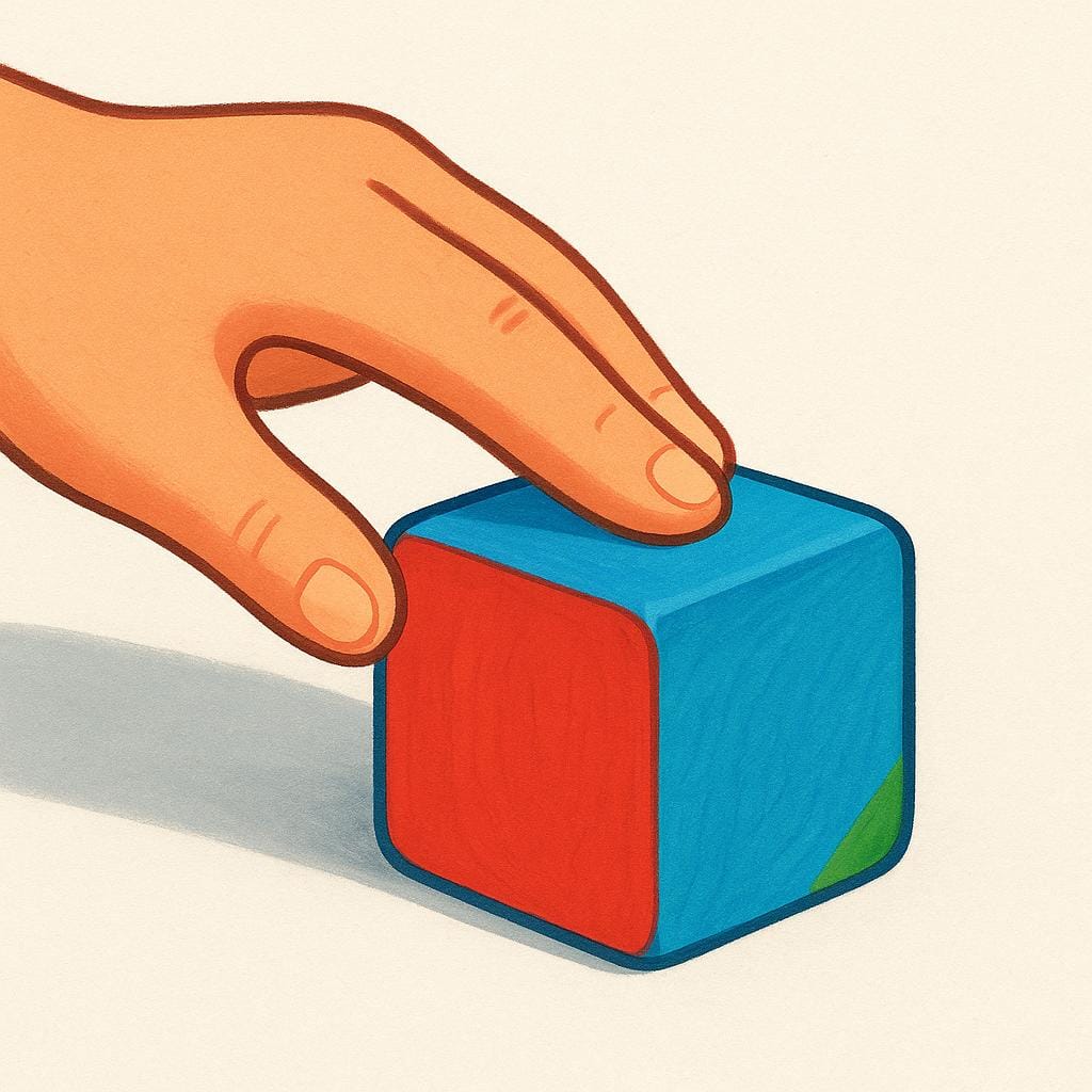 A simplified human hand applying physical force to push a single, brightly colored wooden block across a flat surface.