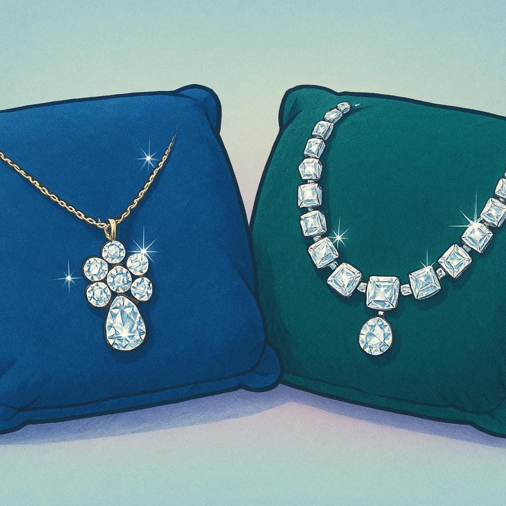 Uma ilustração mostrando dois colares de diamante muito ornamentados e brilhantes repousando sobre veludo vermelho luxuoso, simbolizando alto custo.