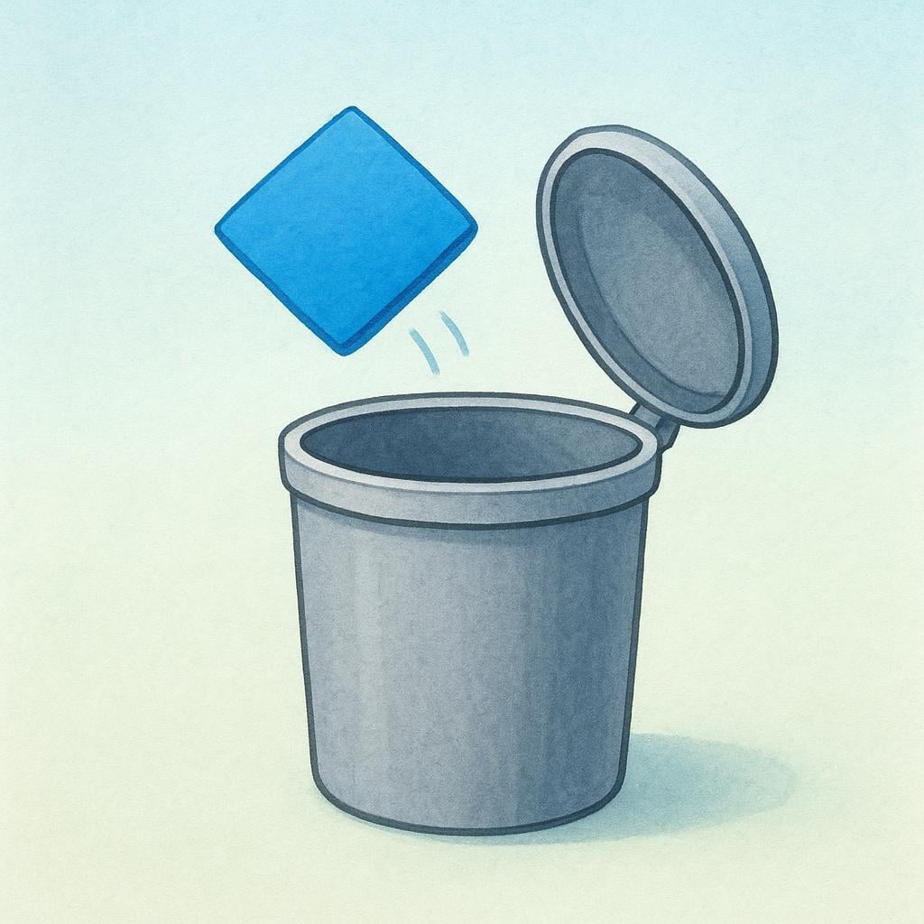 A small blue square representing a digital file being dropped into a round, gray trash can, symbolizing deletion.