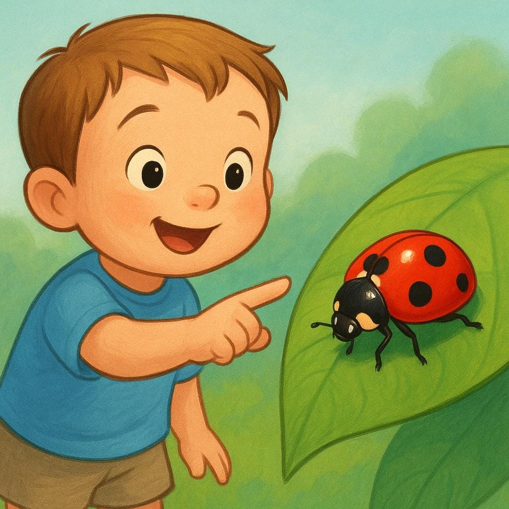 A small child kneeling down and pointing excitedly at a bright red ladybug resting on a large green leaf, showing that the ladybug has been discovered.