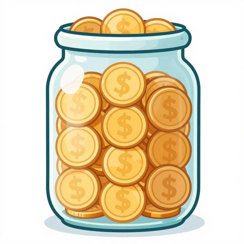 Un'illustrazione colorata di un barattolo di vetro riempito fino all'orlo di monete d'oro, con una moneta appoggiata sopra.