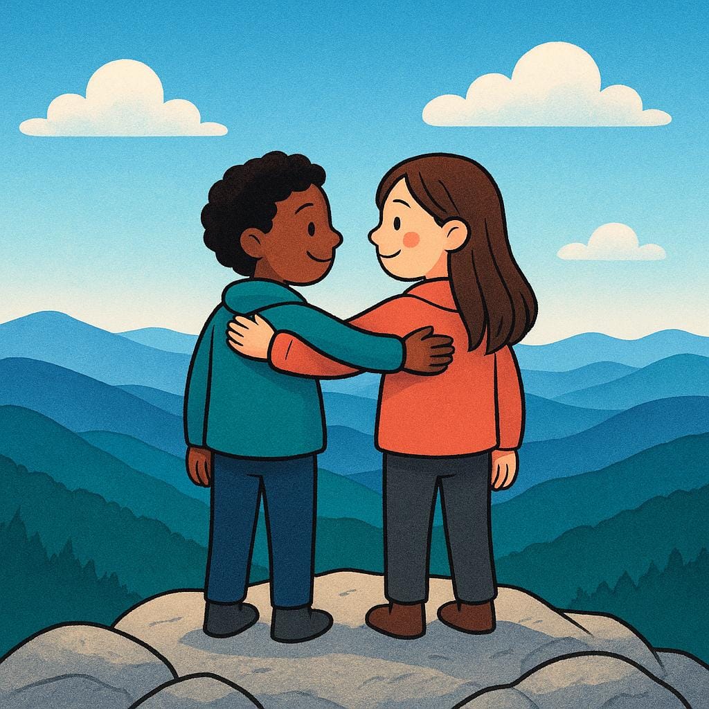 A simple colorful illustration showing two cheerful hikers standing together on the summit of a tall mountain, signifying their arrival at the top.