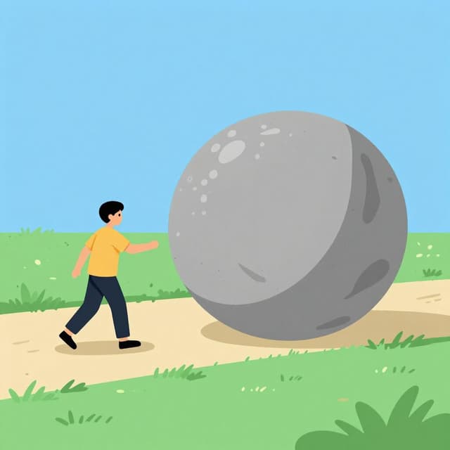 A person stepping aside to let a large, rolling boulder pass by safely.