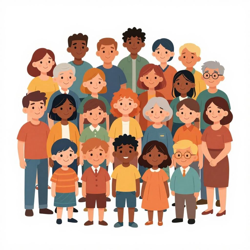 A colorful illustration of many diverse people standing together in a neat group, representing a population count.