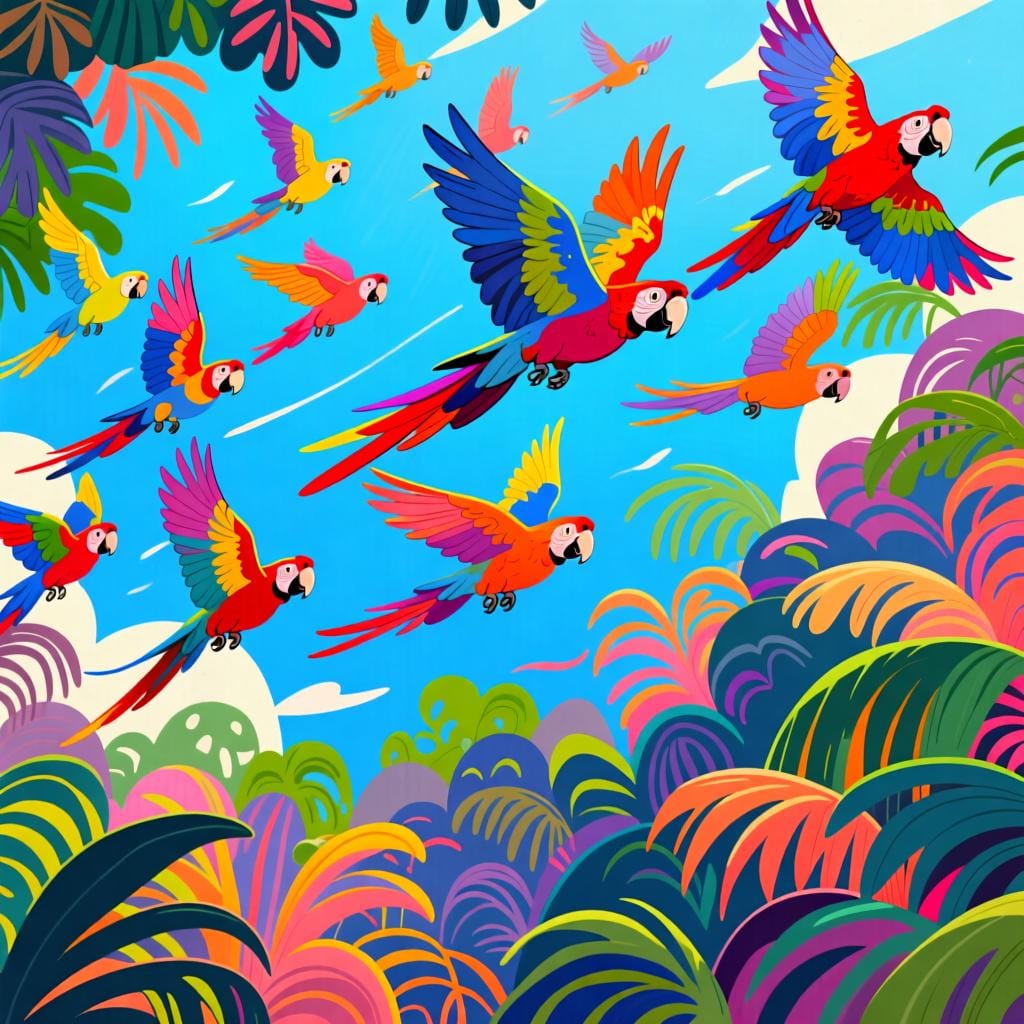 A group of vibrant birds soaring high above green trees, illustrating the concept of ability.