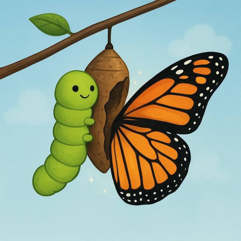 A large monarch butterfly is shown emerging from its chrysalis, illustrating a fundamental change in status or identity.
