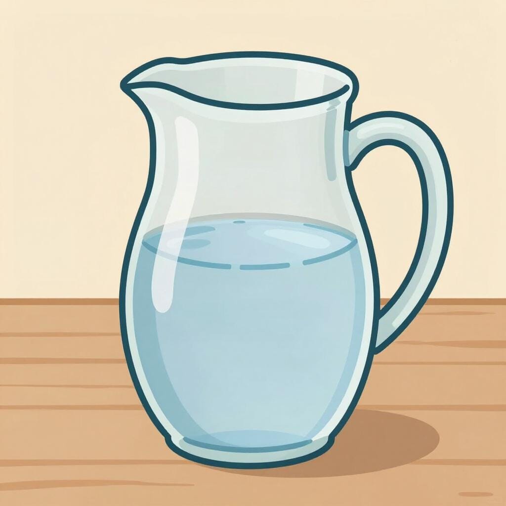 A clear glass pitcher filled with clean water on a plain wooden table.