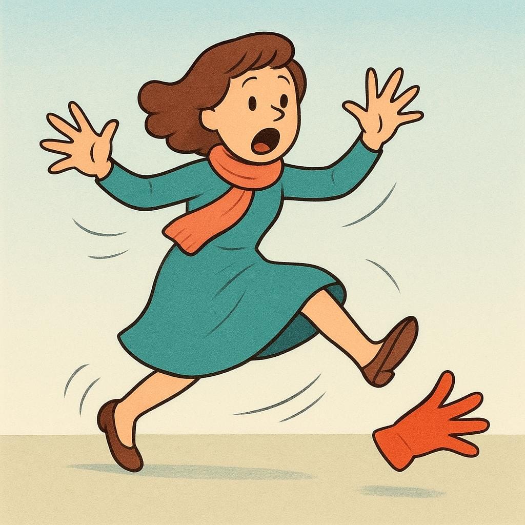 A high quality storybook illustration of a woman looking surprised and foolish as she dramatically trips over her own feet on a flat path, dropping a single red glove.