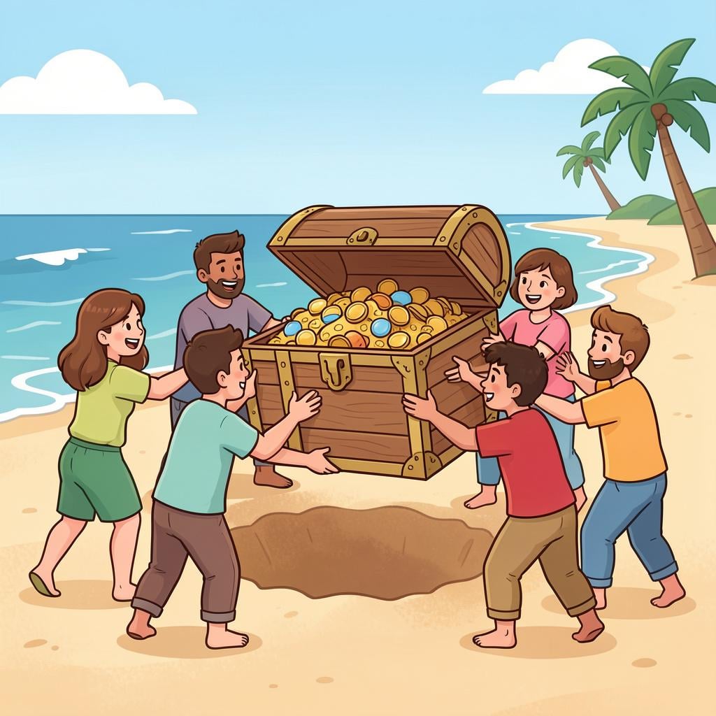 A group of people lifting a large wooden chest out of a sandy hole on a beach.