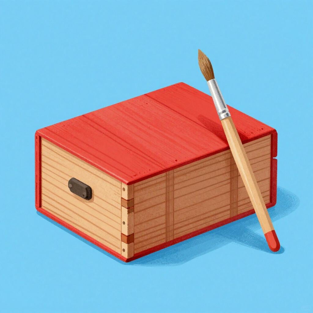 A wooden crate with a bright red outer surface being painted.