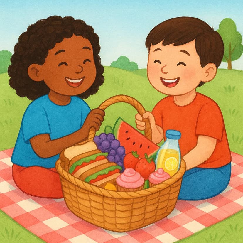 Two smiling children sitting together on a checkered blanket, each holding one handle of a brightly colored picnic basket full of sandwiches and fruit.