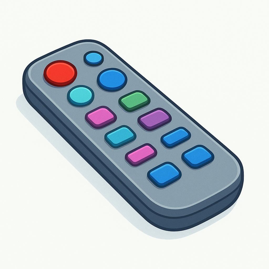 A gray rectangular remote control device with several large, colorful buttons on its surface.
