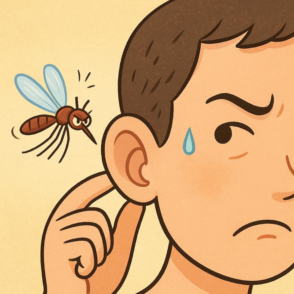 A close-up illustration of a buzzing mosquito flying right next to a person's ear, suggesting irritation.
