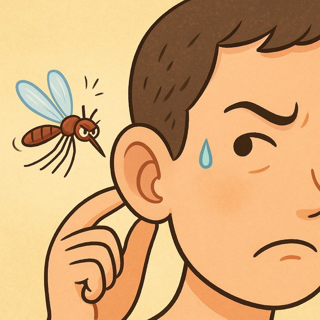 A close-up illustration of a buzzing mosquito flying right next to a person's ear, suggesting irritation.