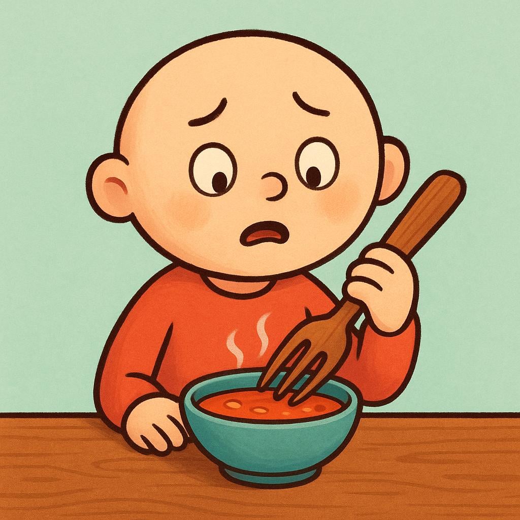 A confused character attempting to eat a bowl of soup using a large wooden fork, illustrating foolishness.