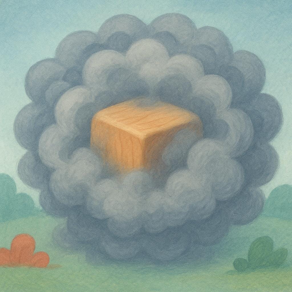 A wooden toy block almost entirely hidden and obscured by a thick, swirling gray fog, making its shape difficult to clearly distinguish.